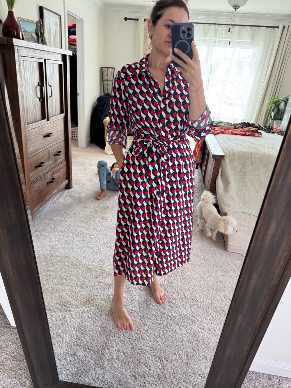 Boden Red Black White Geometric Wrap Midi Robe